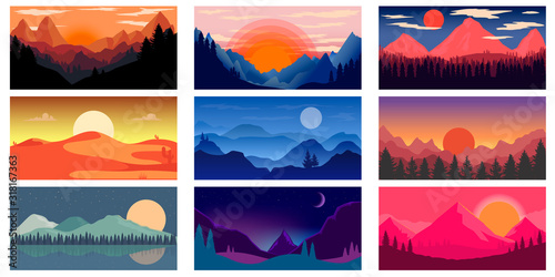 Set of poster template with wild mountains and desert landscape. Design element for banner, flyer, card. Vector illustration