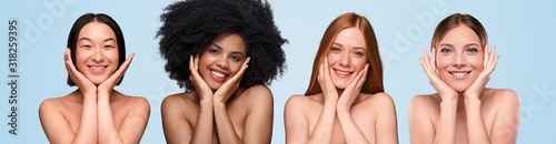 Diverse happy women demonstrating clean skin