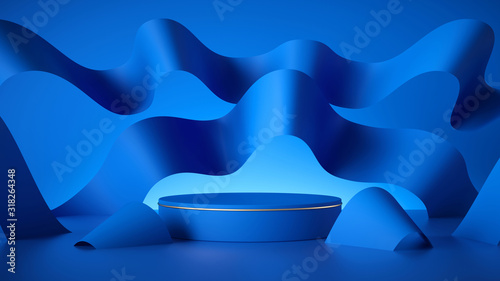 3d render, abstract modern fashionable blue background, empty cylinder podium, vacant pedestal, shop product display, showcase, round stage. Wavy paper ribbons