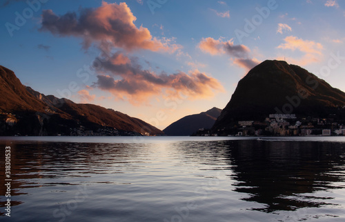 Red sunset on lake Lugano