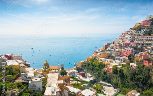 Beautiful Positano on hills leading down to coast and azure sea, Italy