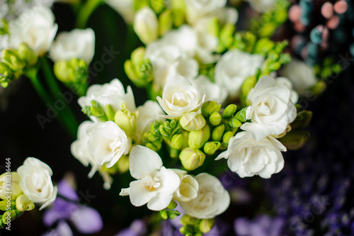 Beautiful spring bouquet of white freesia in the transparent wrapping paper