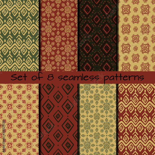 Set of 8 seamless patterns in ethnic style. Boho ornament. Tribal art print, background for fabric design, wallpaper, wrapping.