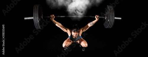 Woman workout with barbell. Sports banner