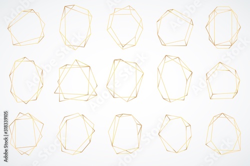Gold polygonal frames. Elegant geometric polyhedron art deco style for wedding invitation card, decorative trendy glamour borders vector set