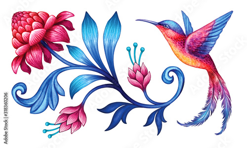 digital illustration, abstract fantasy flower and bird red blue folklore motif, floral clip art elements isolated on white background, watercolor texture, horizontal botanical design