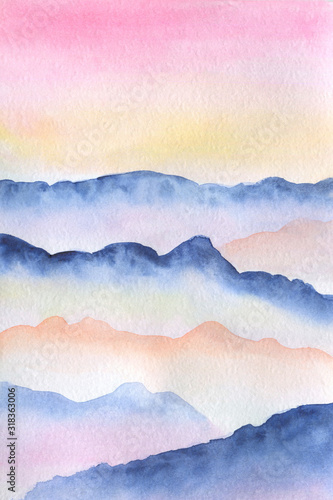 Hand drawn watercolor painting of pink sunset foggy mountains
