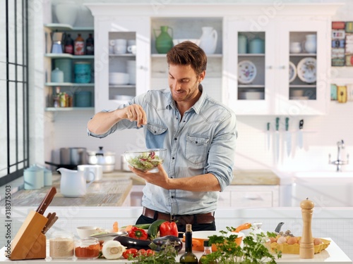 Casual man preparing salad