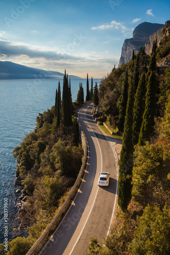 drive in fiat 500 the western Gardesana road on Lake Garda