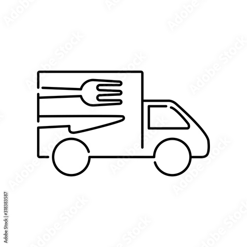 Símbolo de entrega urgente. Camión con tenedor y cuchillo. Icono plano lineal en color negro