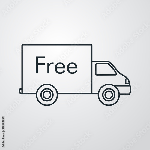 Símbolo de entrega gratuita. Envío con camión y palabra Free. icono lineal en fondo gris