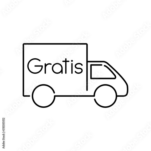 Símbolo de entrega gratuita. Envío con camión y palabra Gratis. icono lineal en color negro
