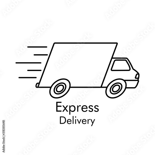 Símbolo de entrega urgente. Envío rápido con camión y líneas de velocidad. Icono lineal en color negro