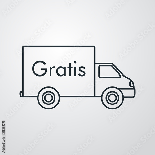 Símbolo de entrega gratuita. Envío con camión y palabra Gratis. icono lineal en fondo gris