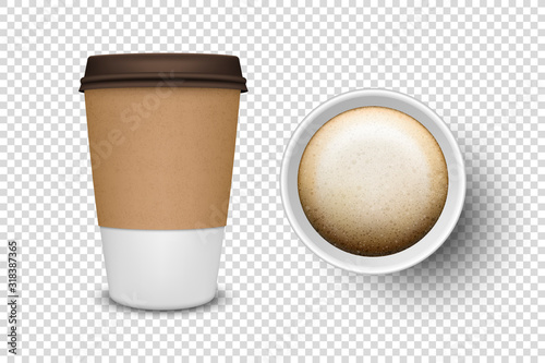 Vector 3d Realistic Disposable Opened Paper, Plastic Coffee Cup for Drinks Icon Set Closeup Isolated on Transparent Background. Design Template, Mockup. Top and Front View