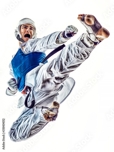 Taekwondo fighter man isolated white background