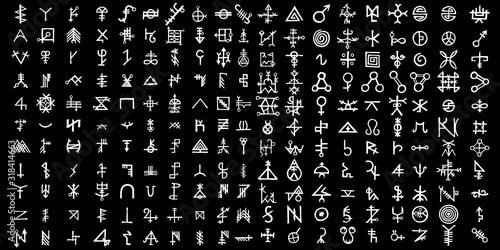 Large set of alchemical symbols isolated on white background. Hand drawn and written elements for signs design. Inspiration by mystical, esoteric, occult theme. Vector.