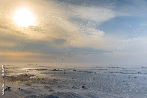 Frozen Canadian winter landscape with sun traveling low in the sky with lots of blowing snow.