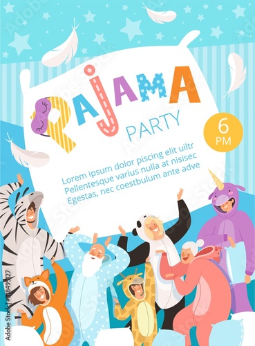 Pyjamas party. Poster invitation for costume nightwear clothes pyjamas celebration kids and parents vector placard. Pyjamas invitation party, smiling people in costume nightwear illustration