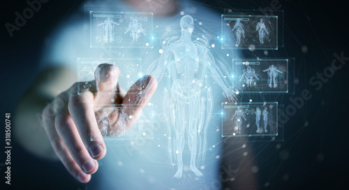 Man using digital x-ray human body holographic scan projection 3D rendering