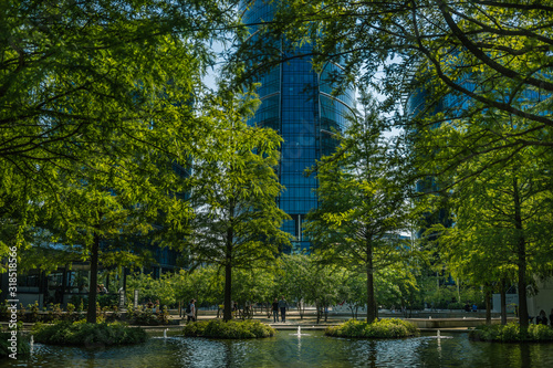 zielony park przy placu europejskim w Warszawie w tle szklany wierzowiec