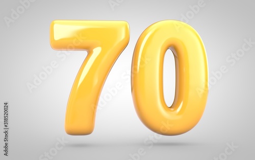Yellow Bubble Gum number 70 isolated on white background. 3D rendered illustration. Best for anniversary, birthday party, new year celebration.