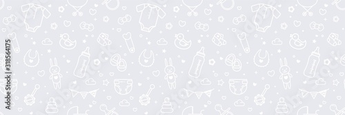 Baby Seamless Background In White and Gray Colors. Vector Cartoon Illustration