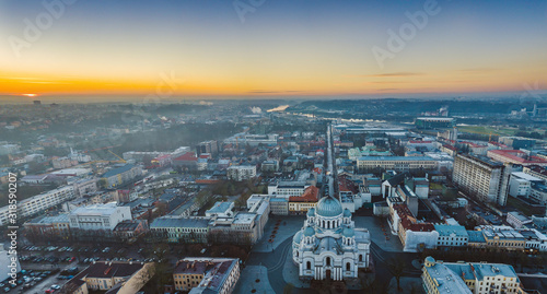 Drone aerial view of St. Michael the Archangel's Church in Kaunas, Lithuania