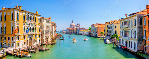 Panorama of Grand Canal and Basilica Santa Maria della Salute in Venice, Italy. Architecture and landmarks of Venice and Italy. Beautiful landscape of Grand Canal in Venice, Italy