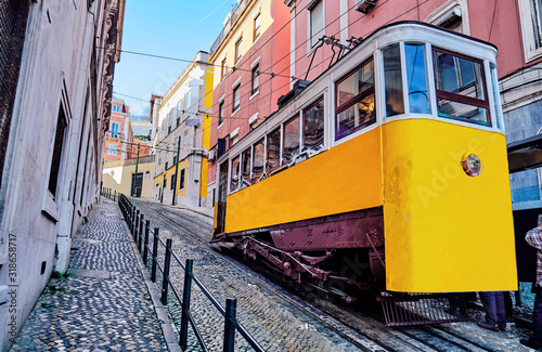 The Gloria Funicular in Lisbon, Portugal.