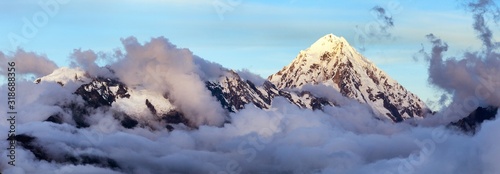 Evening view of Mount Salkantay in the middle of clouds