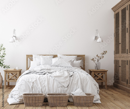 Scandinavian farmhouse bedroom interior, wall mockup, 3d render