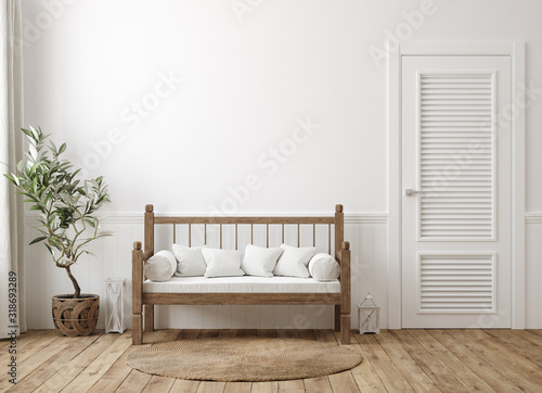 Scandinavian farmhouse hallway interior, wall mockup, 3d render