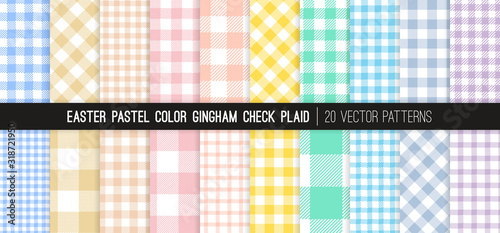 Easter Pastel Rainbow Gingham Check Plaid Vector Patterns. Light Shades of Pink, Coral Orange, Beige, Yellow, Turquoise, Blue, Lilac and Purple. 20 Pixel Perfect Pattern Tile Swatches Included.