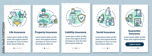 Insurance onboarding mobile app page screen with concepts. Social service. Business coverage walkthrough 5 steps graphic instructions. UI vector template with RGB color illustrations
