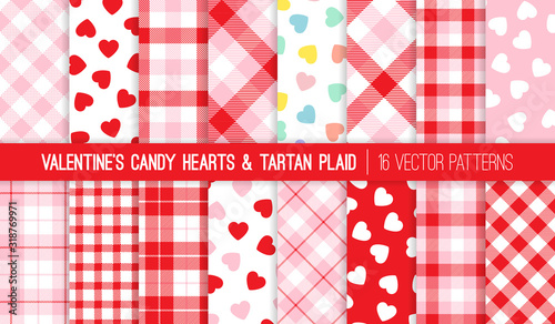 Valentine's Day Candy Hearts and Red Pink White Tartan Plaid Vector Patterns. Pastel Rainbow Conversation Hearts Backgrounds. Pattern Tile Swatches Included.