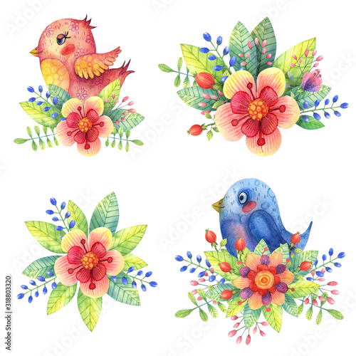  Bright watercolor illustration. Compositions of berries, flowers, leaves and cute pink, blue decorative birds