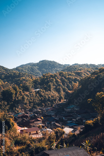 Mountains and mountain villages in rural Asia evening