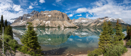 Panoramic view of beautiful Bow Lake in Rocky Mountains, Banff National Park, Canada.