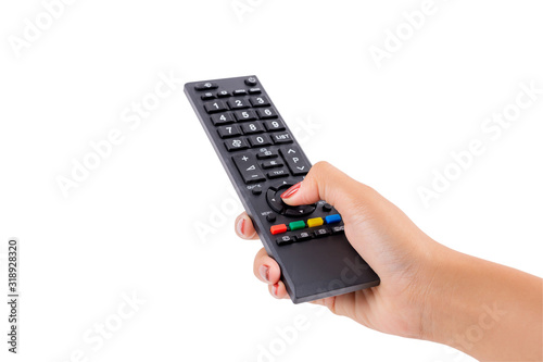 Woman hand holding TV remote control with clipping path isolated on white background.