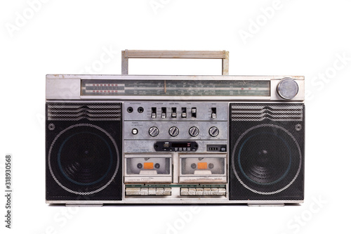 Retro portable stereo radio cassette recorder isolated on white background