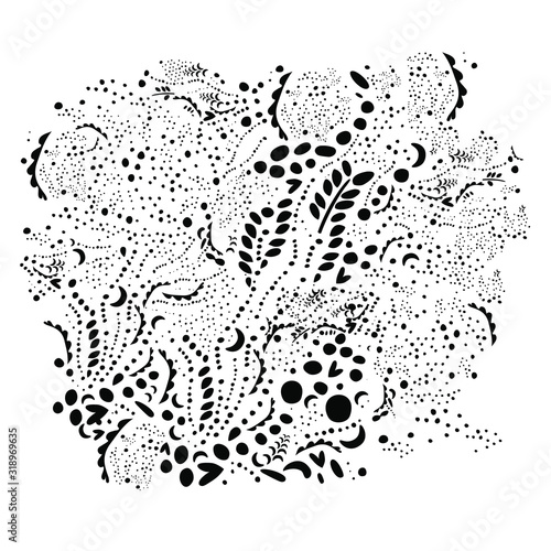Spiritual graphic illustration with floral and natural elements. Black white arty vector. Hand drawn delicate organic pattern. Ornate motif greeting card, art print poster, wallpaper
