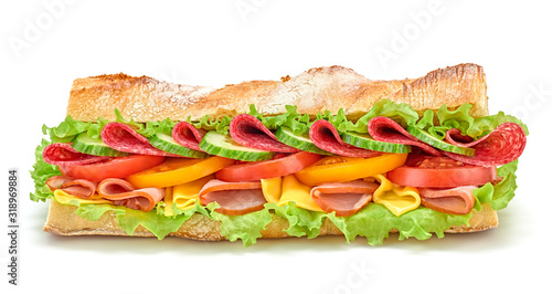 Fresh submarine sandwich with ham, cheese, salami, tomato, lettuce salad, cucumber isolated on white. Colorful tasty baguette homemade large sub sandwich with vegetables. Fast food concept