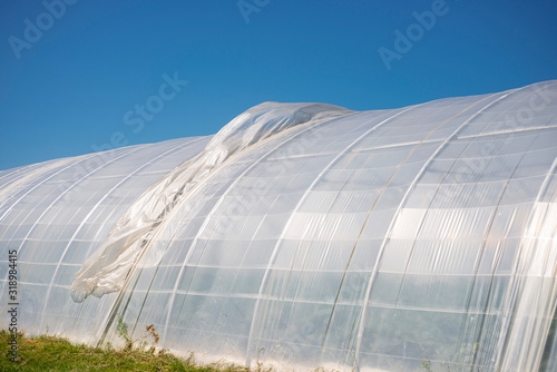 France. Detail of a plastic agricultural greenhouse. Détail d'une serre agricole en plastique.