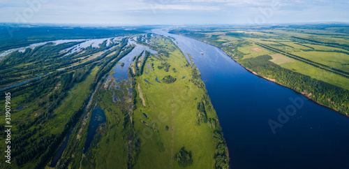 Aerial panorama of the river of Kama at sunny summer day, Russia