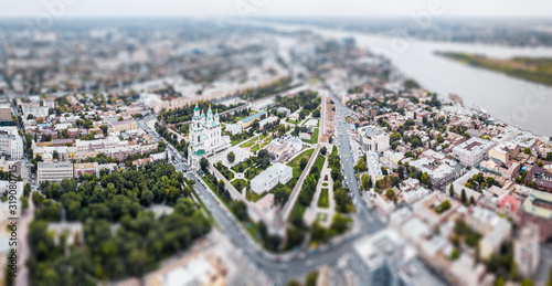 Aerial panorama of the city of Astrakhan and its Kremlin. Version of the image with the tilt shift effect