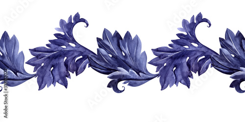 Watercolor seamless border with a stylized acanthus plant. Leaves, twigs and flowers
