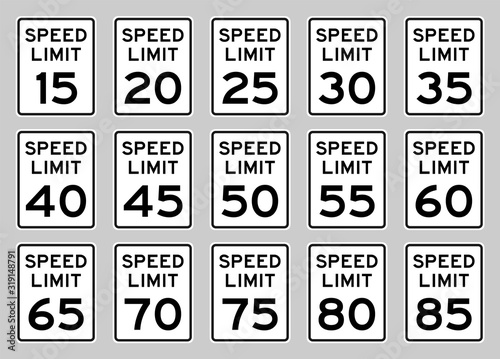 USA speed limit road sign set fro 15 to 85 mph