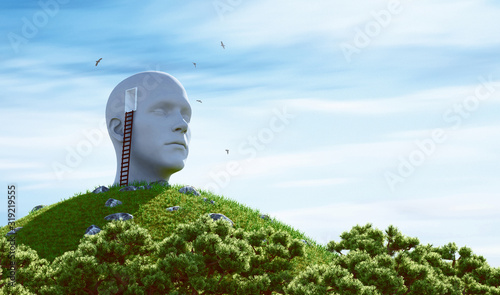 Statue human head and ladder on a hill. Surreal concept. 3d rendering