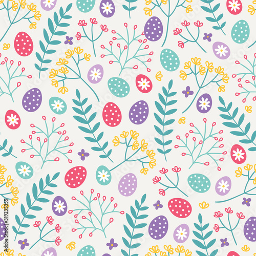Easter seamless pattern with herbs, bright eggs and flowers
